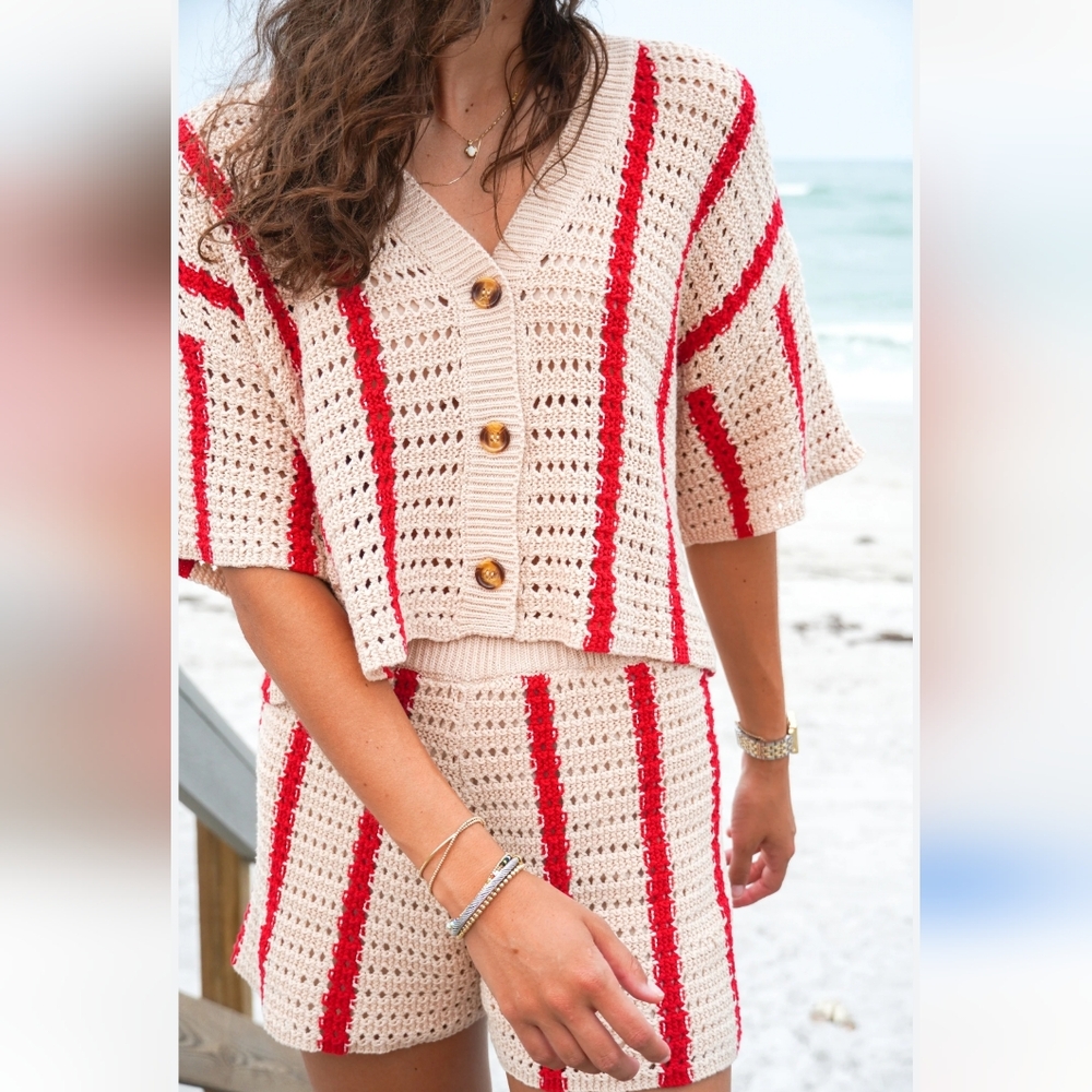 Le Lis Cream and Red Crochet Two-Piece Jumpsuit Romper Set